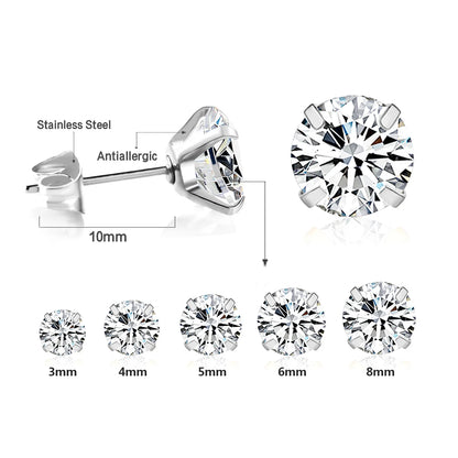 LUXUSTEEL Men's Crystal Zircon Stud Earrings 316L Stainless Steel Anti Allergic Cartilage Piercing 3-8mm