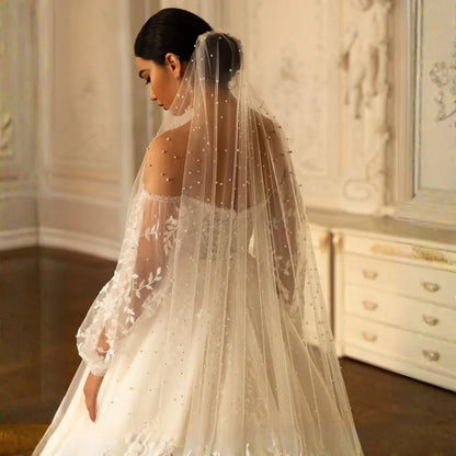 Pearls Bridal Veil Soft 1 Tier Beaded Wedding Veil Cathedral Length with Comb Elegant Wedding Accessories