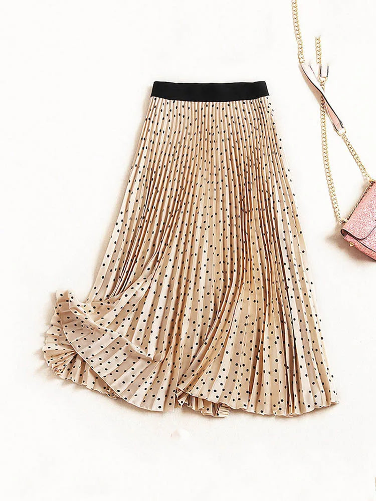 Pleated Spring High Waist Womens Skirt Print Midi Velvet