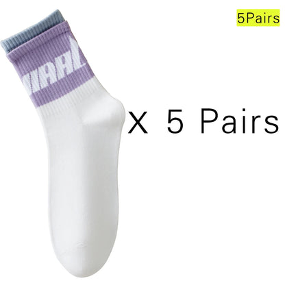 5 Pairs Colorful Breathable Cotton Mid Calf Athletic Socks