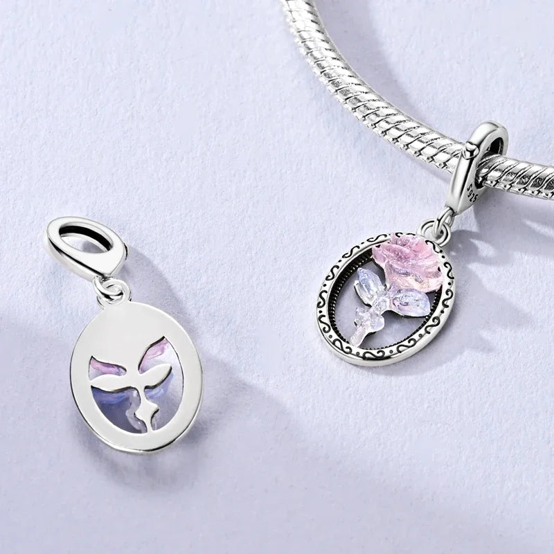Sterling Silver Cat and Flower Heart Charm for DIY Bracelet Jewelry KTC1673