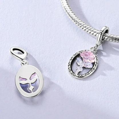 Sterling Silver Cat and Flower Heart Charm for DIY Bracelet Jewelry KTC1673