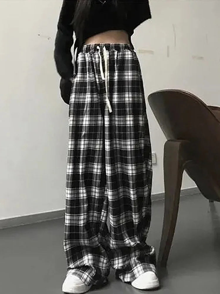 Plaid Black White Wide Leg Pants For Women Retro Streetwear
