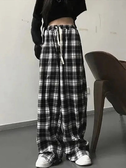 Plaid Black White Wide Leg Pants For Women Retro Streetwear