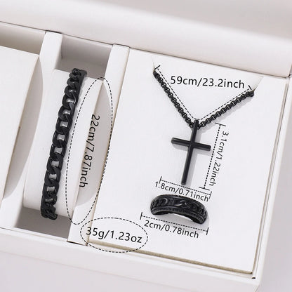 Men's Stylish Black Stainless Steel Cross Necklace, Ring, and Bracelet Set - Non-Fading Jewelry for Weddings and Parties