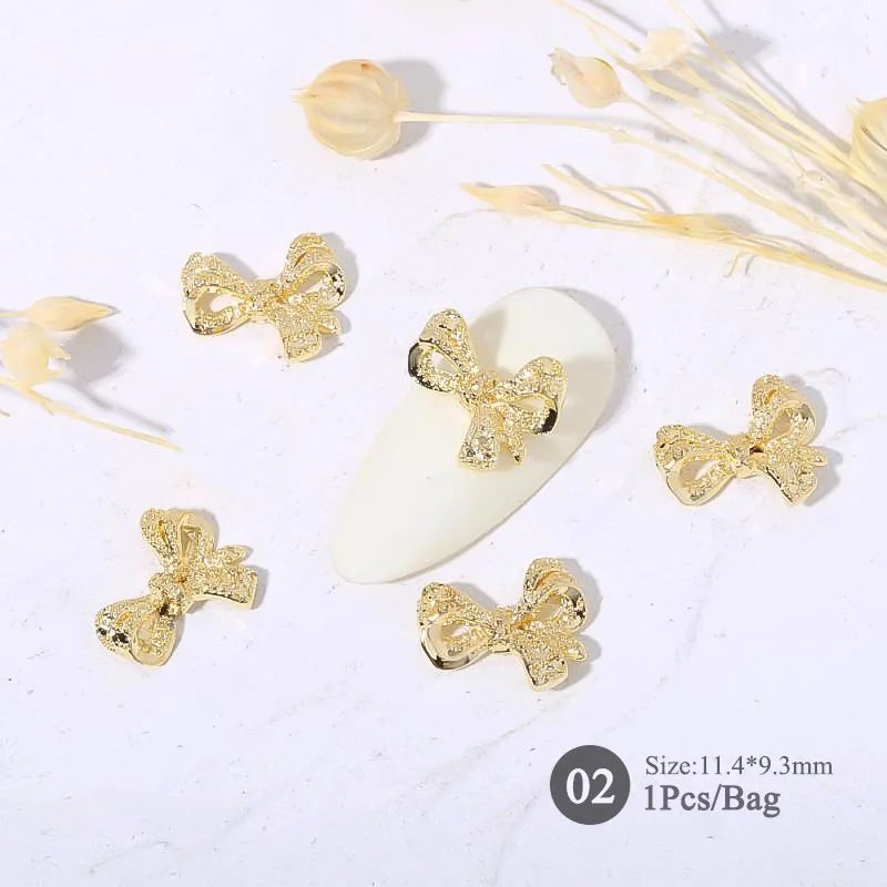 Elegant Gold Silver Metal Bowknot Nail Charm 3D Rhinestone Decor for DIY Manicure Art