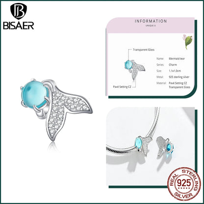 BISAER Ocean Charm 925 Sterling Silver Dolphin and Mermaid Bead with Blue CZ for DIY Jewelry ECC1226 CHINA