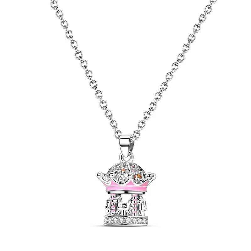925 Sterling Silver Necklace with Pink Bow Heart Moon Butterfly Pendant Elegant Zircon Charm for Women Classic DIY Gift