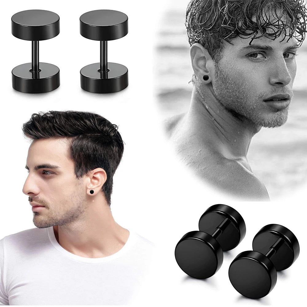 6 Pairs Stainless Steel Black Stud Earrings for Men and Women Faux Gauge Tunnel Designs 3-8mm