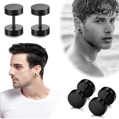 6 Pairs Stainless Steel Black Stud Earrings for Men and Women Faux Gauge Tunnel Designs 3-8mm