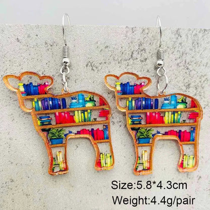 Cat Bookcase Dangle Earrings for Women Geometric Acrylic Rabbit Love Jewelry Gift for Teachers and Readers
