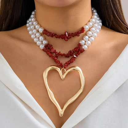 Elegant Gothic Love Heart Pendant Choker Necklace for Women with Multilayer Imitation Pearl Chain