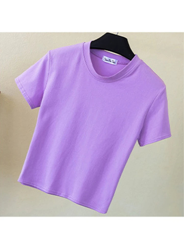 Dozw Women Cotton Crop Top O Neck Short Sleeve Slim Fit Tee