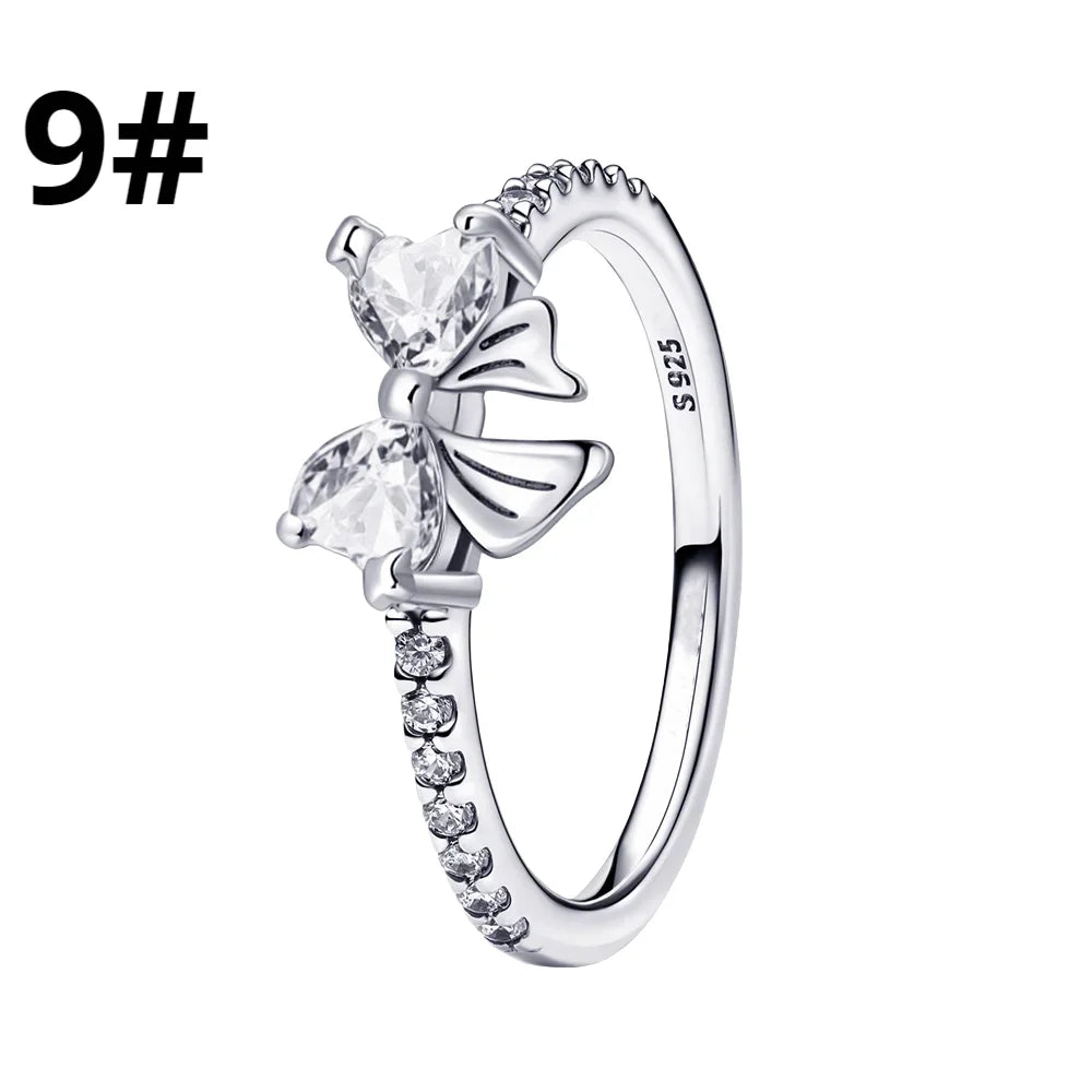 925 Sterling Silver Colorful Bow Jewelry Set for Women Rings Earrings Necklaces Charms DIY Gift