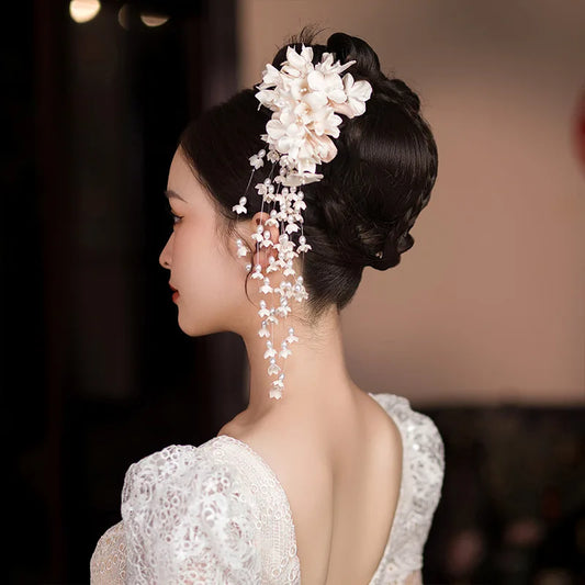 Flower Pearl Tassel Hair Barrettes Bridal Wedding Tiara Romantic Hair Accessories