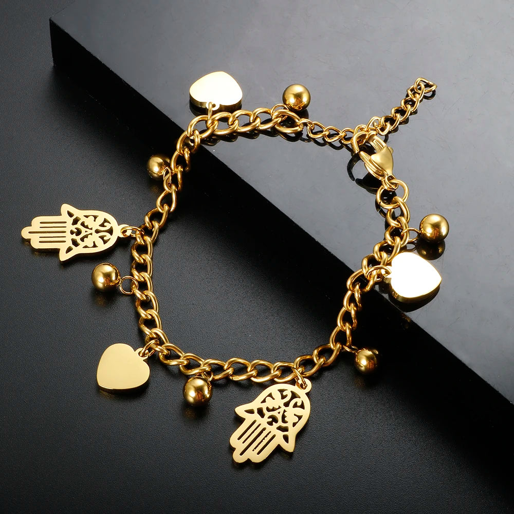 Trendy Gold Plated Stainless Steel Palm Heart Bracelet for Women with Cuban Link Chain and Round Ball Design