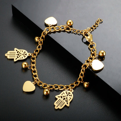 Trendy Gold Plated Stainless Steel Palm Heart Bracelet for Women with Cuban Link Chain and Round Ball Design
