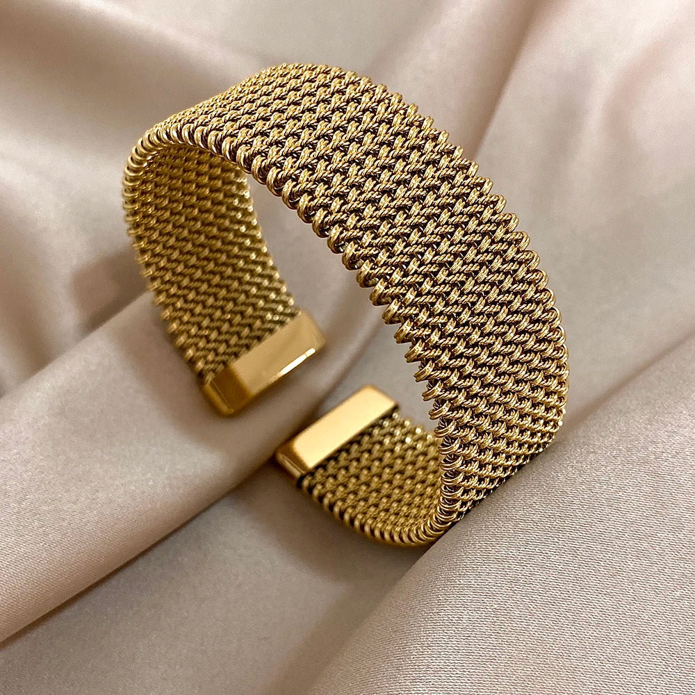 Vintage Punk Stainless Steel Mesh Cuff Bracelet for Women and Men
