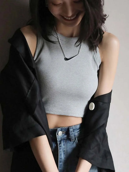 Chic White Ribbed Knit Halter Crop Top For Women Casual
