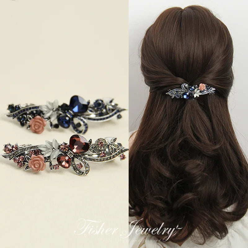 Elegant Red Crystal Flower Bow Hairpin With Vintage Blue Rhinestones