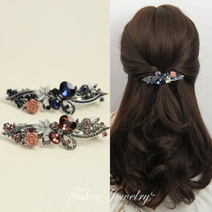 Elegant Red Crystal Flower Bow Hairpin With Vintage Blue Rhinestones