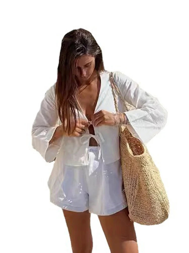 Summer White Lace Up Blouse Women V Neck Long Sleeve