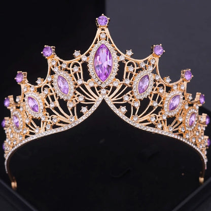 Crystal Crown Bridal Jewelry Set - 3Pcs Rhinestone Necklace & Earring Accessories Purple