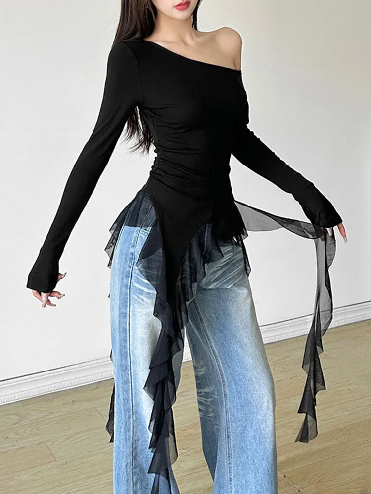 Y2K Aesthetic Gauze Patchwork Top With Skew Collar Harajuku