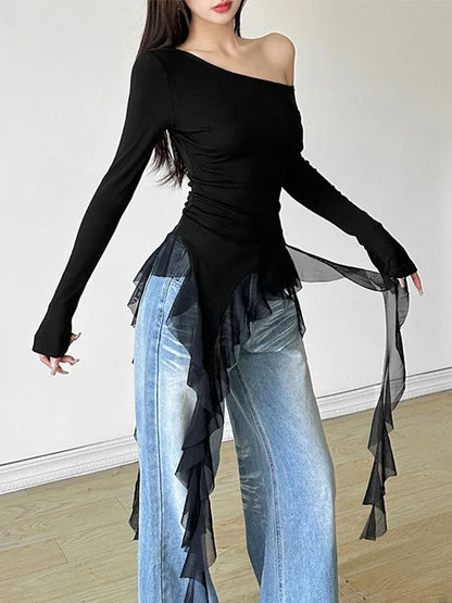 Y2K Aesthetic Gauze Patchwork Top With Skew Collar Harajuku