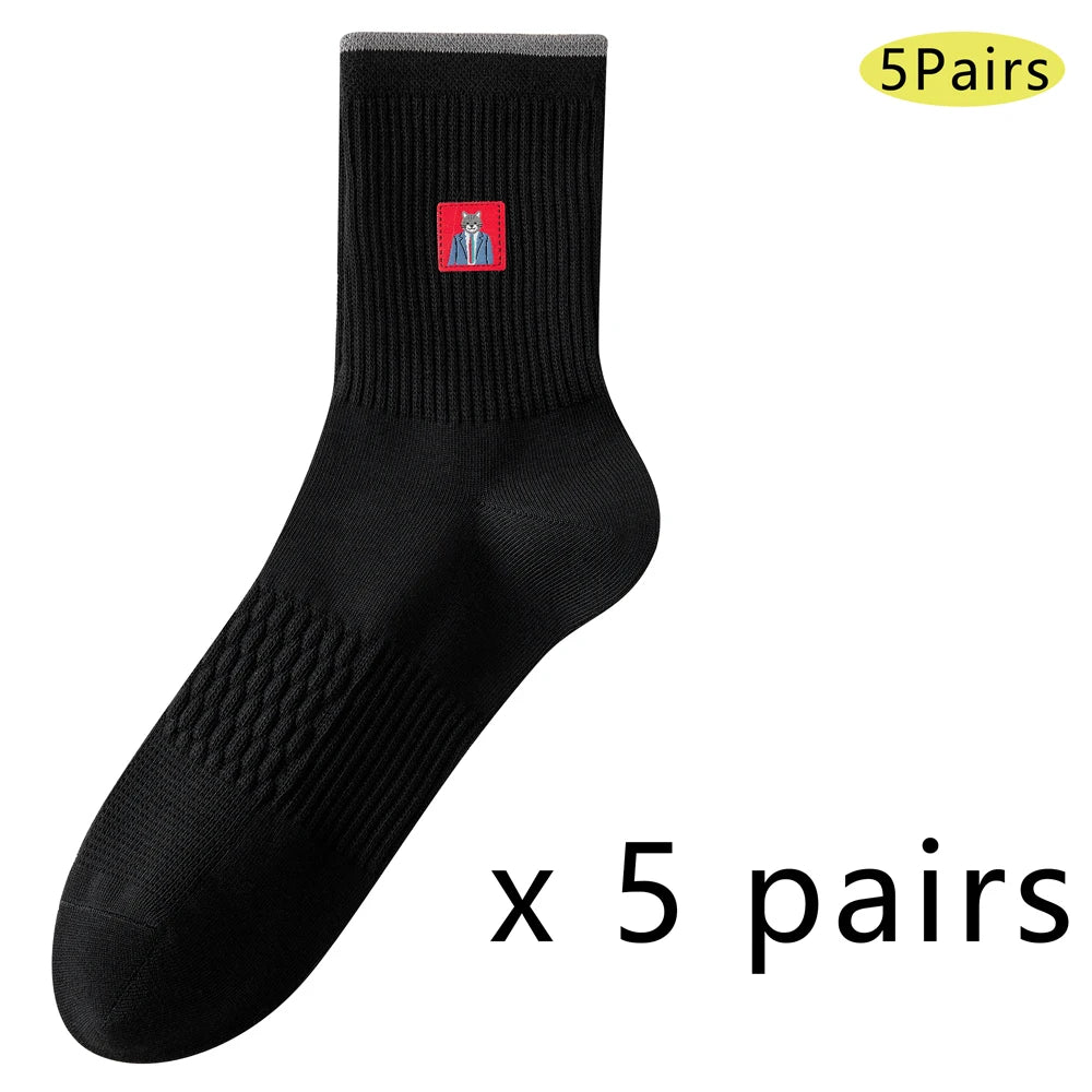 5 Pairs Men Cartoon Cat Mid Crew Cotton Socks Breathable