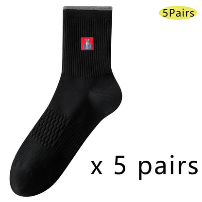 5 Pairs Men Cartoon Cat Mid Crew Cotton Socks Breathable