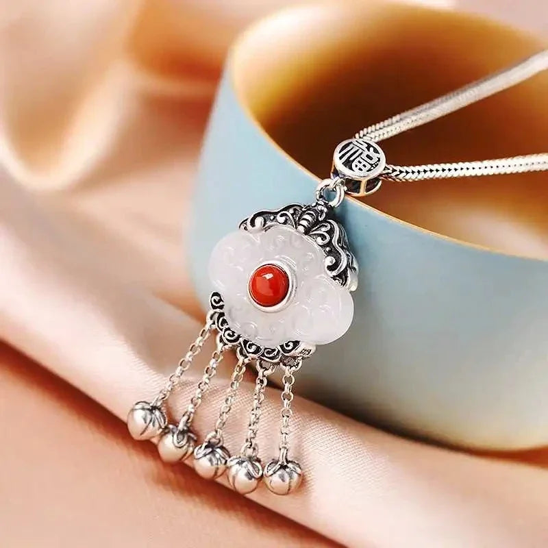 Ethnic Style Hetian Jade Silver Necklace Pendant for Ladies