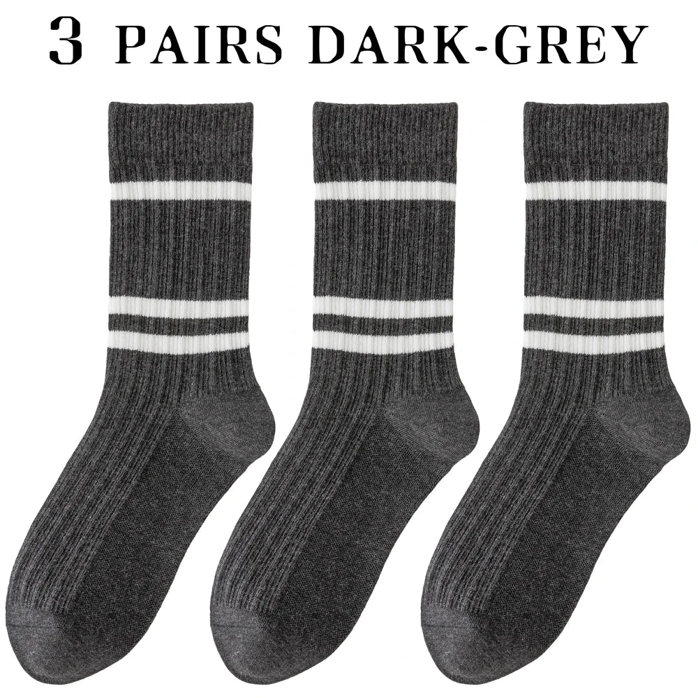 3 Pairs Soft Combed Cotton Crew Socks Women Stripes