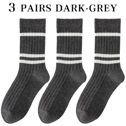 3 Pairs Soft Combed Cotton Crew Socks Women Stripes