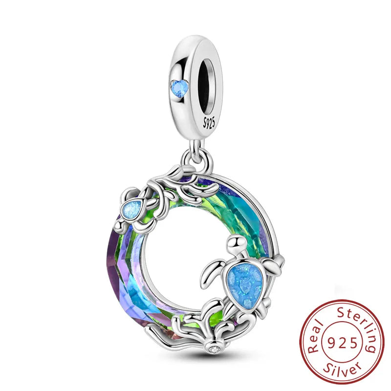 925 Sterling Silver Ocean Turtle Beach Charms Blue Shell