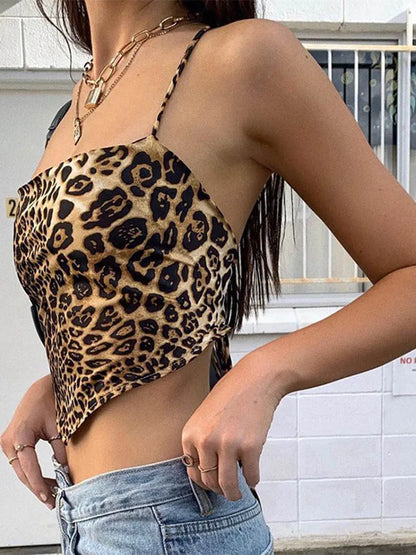 Leopard Print Backless Lace Up Crop Tank Top Summer