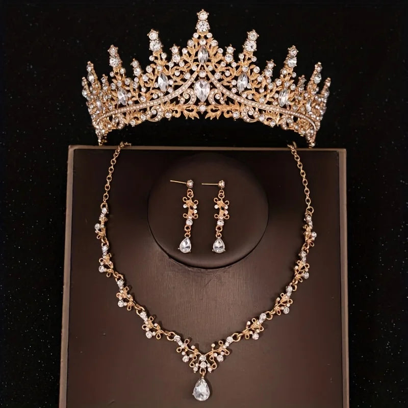 Bridal Elegance: Luxury Silver Crystal Water Drop Tiara & Jewelry Set - 4 Pcs Gold