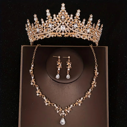 Bridal Elegance: Luxury Silver Crystal Water Drop Tiara & Jewelry Set - 4 Pcs Gold