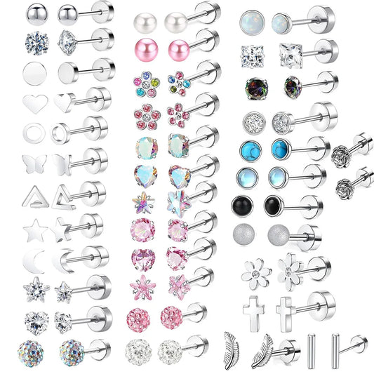 2PCS Set Stainless Steel Heart Moon Stud Earrings for Women Trendy Ear Tragus Cartilage Body Piercing