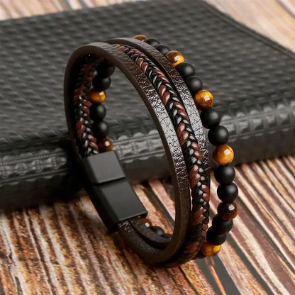 Men's Leather Bracelet with Stainless Steel Tree of Life Charm - Stylish Multi-Layer Fashion Accessory