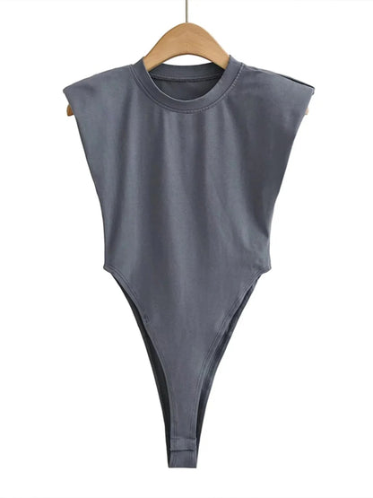 Women's Padded Shoulder Bodysuit Sleeveless Black Slim Fit