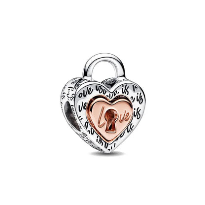 Rose Gold Padlock Heart Key Pendant Necklace for Women 925 Silver with Zircon Beads P1451