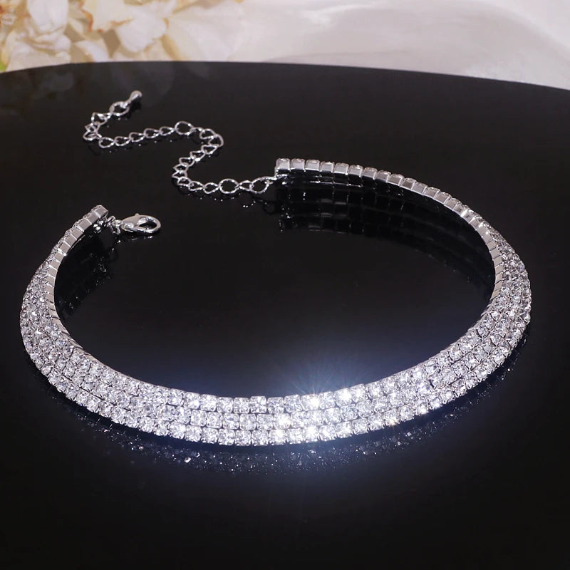 Luxury Round Rhinestone Jewelry Set for Women Classic Silver Necklace Bracelet and Earring Bridal Wedding Accessories