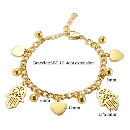 Trendy Gold Plated Stainless Steel Palm Heart Bracelet for Women with Cuban Link Chain and Round Ball Design