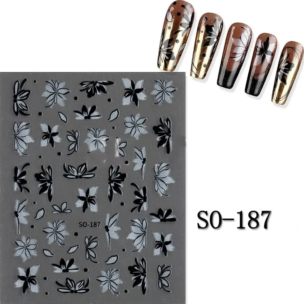 Elegant Black White Floral 3D Nail Art Stickers - Charming Petal Adhesive for DIY Manicure
