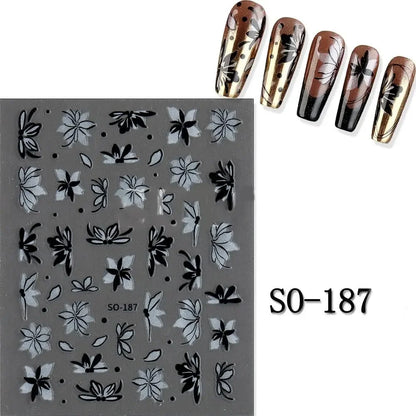 Elegant Black White Floral 3D Nail Art Stickers - Charming Petal Adhesive for DIY Manicure