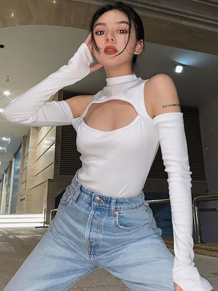 Hollow Out Off Shoulder Long Sleeve Bodysuit Slim Fit