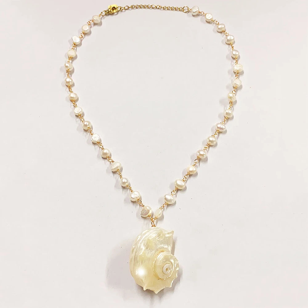 Elegant Freshwater Pearl Conch Necklace for Women - Unique Vacation Jewelry with Stainless Steel Chain