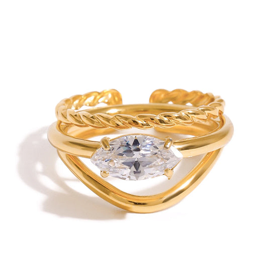 Youthway Elegant 18k Gold Plated Geometric Zirconia Ring Sets For Women Stainless Steel Fashion Jewelry