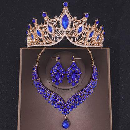 Crystal Crown Bridal Jewelry Set - 3Pcs Rhinestone Necklace & Earring Accessories Blue